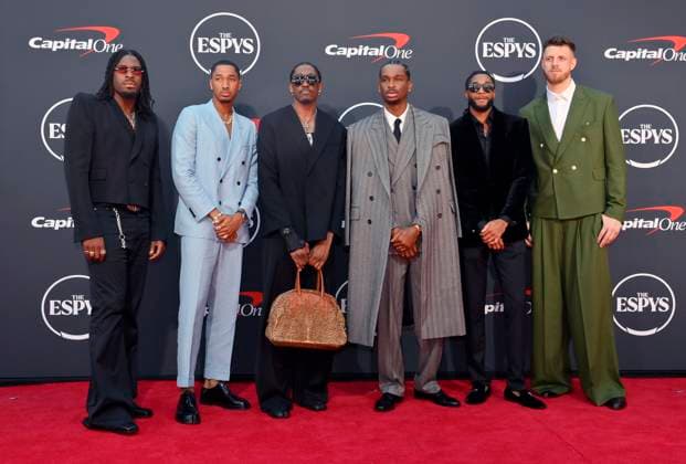 Luguentz Dort, Aaron Wiggins, Jalen Williams, Shai Gilgeous-Alexander, Isaiah Joe and Isaiah Hartenstein (L-R) attend the ESPY Awards at the Dolby Theatre in the Hollywood section of Los Angeles on Wednesday, July 16, 2025. The annual event honors the top athletes and performances of the year.  LAP2025071601 JIMxRUYMEN