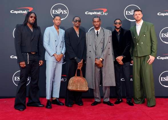 Luguentz Dort, Aaron Wiggins, Jalen Williams, Shai Gilgeous-Alexander, Isaiah Joe and Isaiah Hartenstein (L-R) attend the ESPY Awards at the Dolby Theatre in the Hollywood section of Los Angeles on Wednesday, July 16, 2025. The annual event honors the top athletes and performances of the year.  LAP2025071602 JIMxRUYMEN