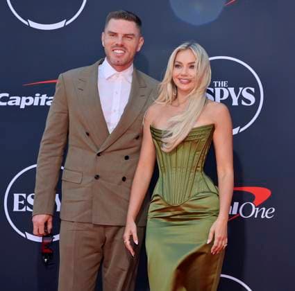 Freddie Freeman (L) and his wife Chelsea Freeman attend the annual ESPY Awards at the Dolby Theatre in the Hollywood section of Los Angeles on Wednesday, July 16, 2025. The annual event honors the top athletes and performances of the year.  LAP2025071609 JIMxRUYMEN