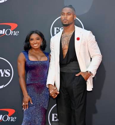 Simone Biles and her husband Jonathan Owens attend the 2025 ESPY Awards held at the Dolby Theatre attends the annual ESPY Awards at the Dolby Theatre in the Hollywood section of Los Angeles on Wednesday, July 16, 2025. The annual event honors the top athletes and performances of the year.  LAP2025071628 JIMxRUYMEN