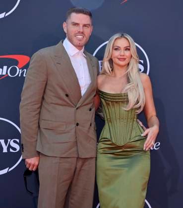 Freddie Freeman (L) and his wife Chelsea Freeman attend the annual ESPY Awards at the Dolby Theatre in the Hollywood section of Los Angeles on Wednesday, July 16, 2025. The annual event honors the top athletes and performances of the year.  LAP2025071608 JIMxRUYMEN