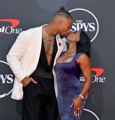 Simone Biles and her husband Jonathan Owens attend the 2025 ESPY Awards held at the Dolby Theatre attends the annual ESPY Awards at the Dolby Theatre in the Hollywood section of Los Angeles on Wednesday, July 16, 2025. The annual event honors the top athletes and performances of the year.  LAP2025071625 JIMxRUYMEN