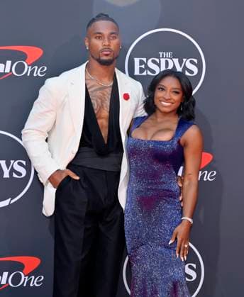 Simone Biles and her husband Jonathan Owens attend the 2025 ESPY Awards held at the Dolby Theatre attends the annual ESPY Awards at the Dolby Theatre in the Hollywood section of Los Angeles on Wednesday, July 16, 2025. The annual event honors the top athletes and performances of the year.  LAP2025071626 JIMxRUYMEN