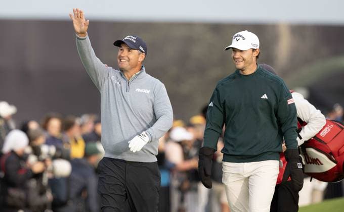 Padraig Harrington laughs and jokes with Nicolai Hojgaard as they walk off the first tee The Open Golf, Round 1, Royal Portrush Golf Club, County Antrim, Northern Ireland, UK - 17 Jul 2025Portrush Royal Portrush Golf Club Northern Ireland United Kingdom  Copyright: xGreigxCowie Shutterstockx 15402507a
