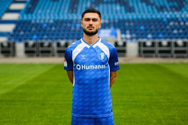 Samuel Loric, 1 FC Magdeburg 2 Football Bundesliga portrait appointment 2 BL 2025 2026 official photo appointment 1 FC Magdeburg in the Avnet Arena in Magdeburg portrait, portrait, single picture, Germany, football, men, GER, 16 07 2025 Christian Schroedter