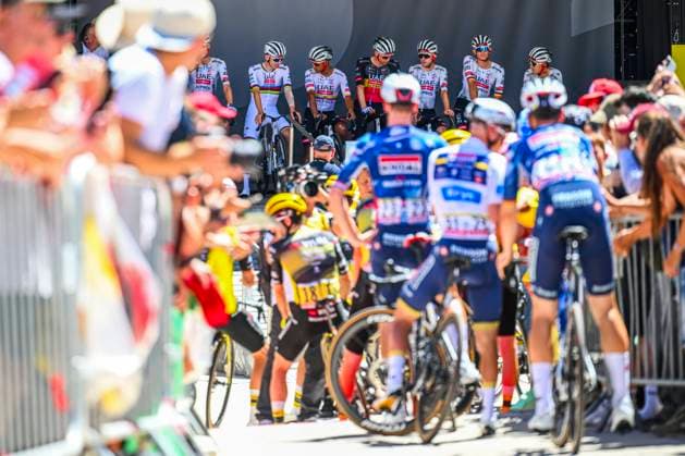 Tour de France 2025 Stage 12 HAUTACAM, FRANCE - JULY 17 : Pogacar Tadej (SLO) of UAE Team Emirates - XRG, Wellens Tim (BEL) of UAE Team Emirates - XRG and team on stage before the start of the race during stage 12 of the 112th edition of Tour de France an UCI World Tour 2.UWT cycling road race stage for Men Elite of 181 km with start in Auch and finish in Hautacam on July 17, 2025 in Hautacam, France, 17 07 2025 ( Motordriver Kenny Verfaillie - Hautacam France  Copyright: xVincentxKalutx