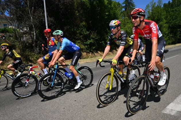 Tour de France 2025 Stage 12 HAUTACAM, FRANCE - JULY 17 : Van Moer Brent (BEL) of Lotto, Van Aert Wout (BEL) of Team Visma - Lease a Bike, Naesen Oliver (BEL) of Decathlon AG2R La Mondiale Team, Stuyven Jasper (BEL) of Lidl - Trek during stage 12 of the 112th edition of Tour de France an UCI World Tour 2.UWT cycling road race stage for Men Elite of 181 km with start in Auch and finish in Hautacam on July 17, 2025 in Hautacam, France, 17 07 2025 ( Motordriver Kenny Verfaillie - Hautacam France  Copyright: xVincentxKalutx
