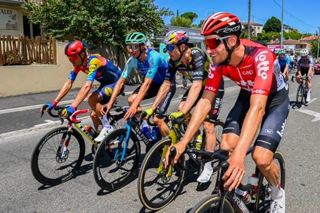 Tour de France 2025 Stage 12 HAUTACAM, FRANCE - JULY 17 : Stuyven Jasper (BEL) of Lidl - Trek, Van Aert Wout (BEL) of Team Visma - Lease a Bike, Naesen Oliver (BEL) of Decathlon AG2R La Mondiale Team, Van Moer Brent (BEL) of Lotto during stage 12 of the 112th edition of Tour de France an UCI World Tour 2.UWT cycling road race stage for Men Elite of 181 km with start in Auch and finish in Hautacam on July 17, 2025 in Hautacam, France, 17 07 2025 ( Motordriver Kenny Verfaillie - Hautacam France  Copyright: xVincentxKalutx