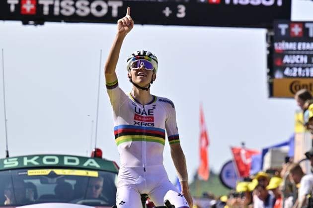 Slovenian Tadej Pogacar of UAE Team Emirates celebrates after winning stage 12 of the 2025 Tour de France cycling, from Auch to Hautacam (181 km), on Thursday 17 July 2025 in France. The 112th edition of the Tour de France starts on Saturday 5 July in Lille, France, and will finish in Paris, France on the 27th of July. DIRKxWAEM  x129447033x