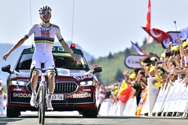Slovenian Tadej Pogacar of UAE Team Emirates celebrates after winning stage 12 of the 2025 Tour de France cycling, from Auch to Hautacam (181 km), on Thursday 17 July 2025 in France. The 112th edition of the Tour de France starts on Saturday 5 July in Lille, France, and will finish in Paris, France on the 27th of July. DIRKxWAEM  x129447506x