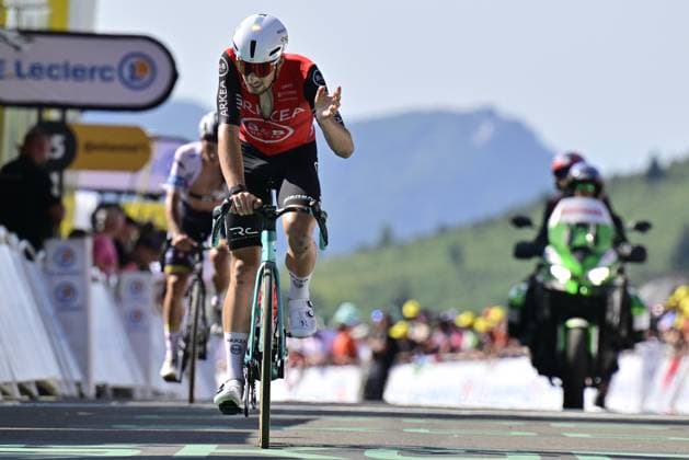 French Kevin Vauquelin of Arkea-BB Hotels crosses the finish line of stage 12 of the 2025 Tour de France cycling, from Auch to Hautacam (181 km), on Thursday 17 July 2025 in France. The 112th edition of the Tour de France starts on Saturday 5 July in Lille, France, and will finish in Paris, France on the 27th of July. DIRKxWAEM  x129447600x