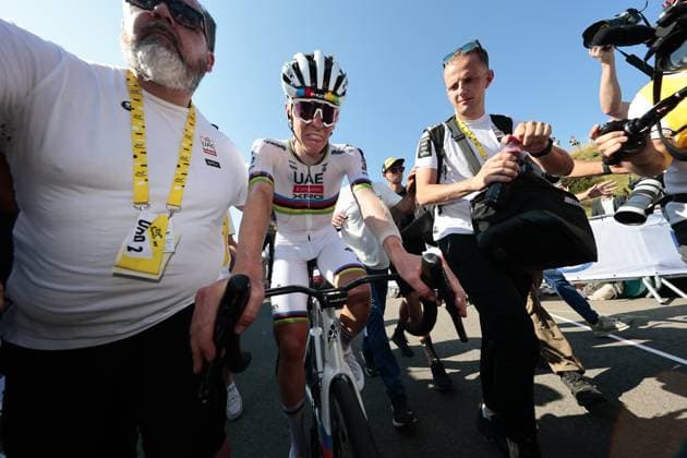 Slovenian Tadej Pogacar of UAE Team Emirates celebrates after winning stage 12 of the 2025 Tour de France cycling, from Auch to Hautacam (181 km), on Thursday 17 July 2025 in France. The 112th edition of the Tour de France starts on Saturday 5 July in Lille, France, and will finish in Paris, France on the 27th of July. POOLxLUCAxBETTINI  x129447677x