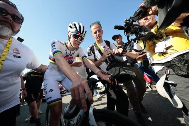 Tour de France 2025 Stage 12 HAUTACAM, FRANCE - JULY 17 : Pogacar Tadej (SLO) of UAE Team Emirates - XRG after the race during stage 12 of the 112th edition of Tour de France an UCI World Tour 2.UWT cycling road race stage for Men Elite of 181 km with start in Auch and finish in Hautacam on July 17, 2025 in Hautacam, France, 17 07 2025 ( Motordriver Kenny Verfaillie - Hautacam France  Copyright: xLucaxBettinix