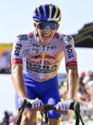 German Florian Lipowitz of RedBull-BORA-hansgrohe crosses the finish line of stage 12 of the 2025 Tour de France cycling, from Auch to Hautacam (181 km), on Thursday 17 July 2025 in France. The 112th edition of the Tour de France starts on Saturday 5 July in Lille, France, and will finish in Paris, France on the 27th of July. DIRKxWAEM  x129447947x