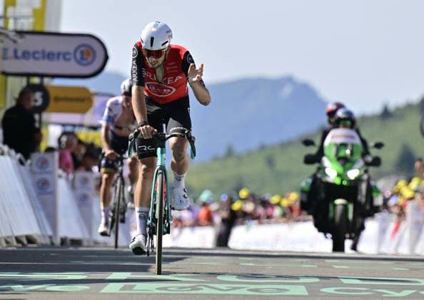 French Kevin Vauquelin of Arkea-BB Hotels crosses the finish line of stage 12 of the 2025 Tour de France cycling, from Auch to Hautacam (181 km), on Thursday 17 July 2025 in France. The 112th edition of the Tour de France starts on Saturday 5 July in Lille, France, and will finish in Paris, France on the 27th of July. DIRKxWAEM  x129447977x