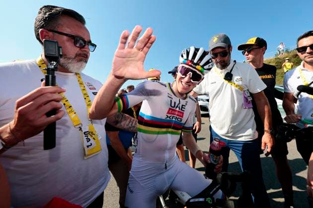 Tour de France 2025 Stage 12 HAUTACAM, FRANCE - JULY 17 : Pogacar Tadej (SLO) of UAE Team Emirates - XRG after the race during stage 12 of the 112th edition of Tour de France an UCI World Tour 2.UWT cycling road race stage for Men Elite of 181 km with start in Auch and finish in Hautacam on July 17, 2025 in Hautacam, France, 17 07 2025 ( Motordriver Kenny Verfaillie - Hautacam France  Copyright: xLucaxBettinix