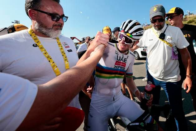 Tour de France 2025 Stage 12 HAUTACAM, FRANCE - JULY 17 : Pogacar Tadej (SLO) of UAE Team Emirates - XRG after the race during stage 12 of the 112th edition of Tour de France an UCI World Tour 2.UWT cycling road race stage for Men Elite of 181 km with start in Auch and finish in Hautacam on July 17, 2025 in Hautacam, France, 17 07 2025 ( Motordriver Kenny Verfaillie - Hautacam France  Copyright: xLucaxBettinix