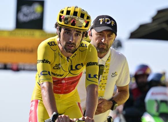 Yellow jersey Irish Ben Healy of EF Education-EasyPost crosses the finish line of stage 12 of the 2025 Tour de France cycling, from Auch to Hautacam (181 km), on Thursday 17 July 2025 in France. The 112th edition of the Tour de France starts on Saturday 5 July in Lille, France, and will finish in Paris, France on the 27th of July. DIRKxWAEM  x129448053x