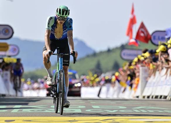 Austrian Felix Gall of Decathlon AG2R La Mondiale Team crosses the finish line of stage 12 of the 2025 Tour de France cycling, from Auch to Hautacam (181 km), on Thursday 17 July 2025 in France. The 112th edition of the Tour de France starts on Saturday 5 July in Lille, France, and will finish in Paris, France on the 27th of July. DIRKxWAEM  x129448054x