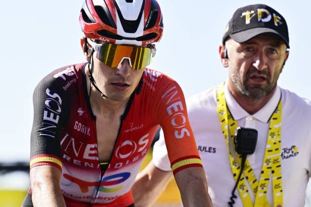Spanish Carlos Rodriguez Cano of Ineos Grenadiers crosses the finish line of stage 12 of the 2025 Tour de France cycling, from Auch to Hautacam (181 km), on Thursday 17 July 2025 in France. The 112th edition of the Tour de France starts on Saturday 5 July in Lille, France, and will finish in Paris, France on the 27th of July. DIRKxWAEM  x129448320x