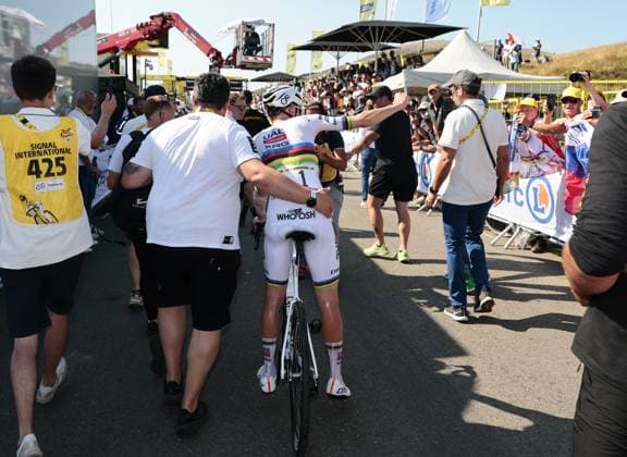 Slovenian Tadej Pogacar of UAE Team Emirates celebrates after winning stage 12 of the 2025 Tour de France cycling, from Auch to Hautacam (181 km), on Thursday 17 July 2025 in France. The 112th edition of the Tour de France starts on Saturday 5 July in Lille, France, and will finish in Paris, France on the 27th of July. POOLxLUCAxBETTINI  x129448728x