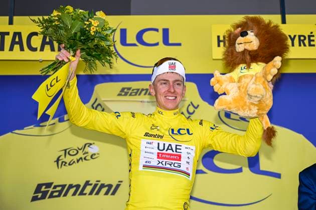 Tour de France 2025 Stage 12 HAUTACAM, FRANCE - JULY 17 : Pogacar Tadej (SLO) of UAE Team Emirates - XRG on the podium with the yellow jersey during stage 12 of the 112th edition of Tour de France an UCI World Tour 2.UWT cycling road race stage for Men Elite of 181 km with start in Auch and finish in Hautacam on July 17, 2025 in Hautacam, France, 17 07 2025 ( Motordriver Kenny Verfaillie - Hautacam France  Copyright: xJanxDexMeuleneirx