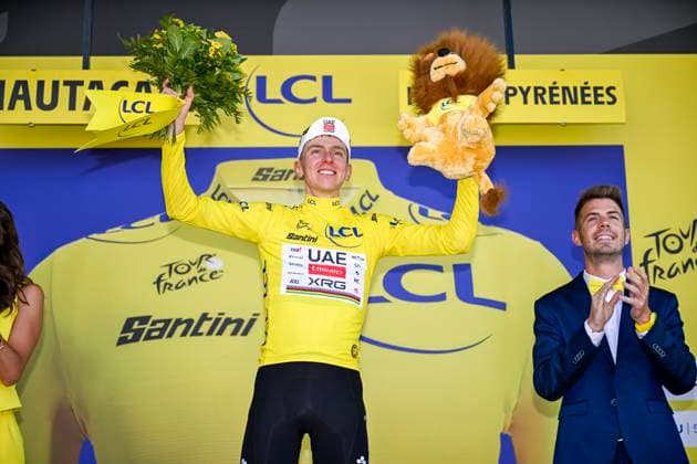 Tour de France 2025 Stage 12 HAUTACAM, FRANCE - JULY 17 : Pogacar Tadej (SLO) of UAE Team Emirates - XRG on the podium with the yellow jersey during stage 12 of the 112th edition of Tour de France an UCI World Tour 2.UWT cycling road race stage for Men Elite of 181 km with start in Auch and finish in Hautacam on July 17, 2025 in Hautacam, France, 17 07 2025 ( Motordriver Kenny Verfaillie - Hautacam France  Copyright: xJanxDexMeuleneirx