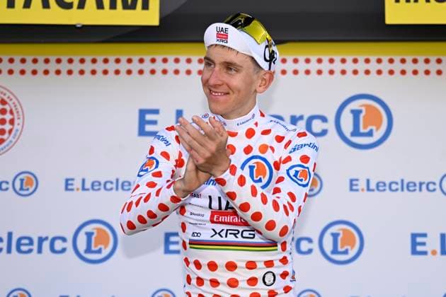 Tour de France 2025 Stage 12 HAUTACAM, FRANCE - JULY 17 : Pogacar Tadej (SLO) of UAE Team Emirates - XRG on the podium with the dotted jersey during stage 12 of the 112th edition of Tour de France an UCI World Tour 2.UWT cycling road race stage for Men Elite of 181 km with start in Auch and finish in Hautacam on July 17, 2025 in Hautacam, France, 17 07 2025 ( Motordriver Kenny Verfaillie - Hautacam France  Copyright: xJanxDexMeuleneirx