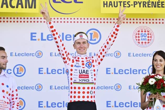 Slovenian Tadej Pogacar of UAE Team Emirates celebrates on the podium in the red polka-dot jersey for best climber after stage 12 of the 2025 Tour de France cycling, from Auch to Hautacam (181 km), on Thursday 17 July 2025 in France. The 112th edition of the Tour de France starts on Saturday 5 July in Lille, France, and will finish in Paris, France on the 27th of July. DIRKxWAEM  x129449608x