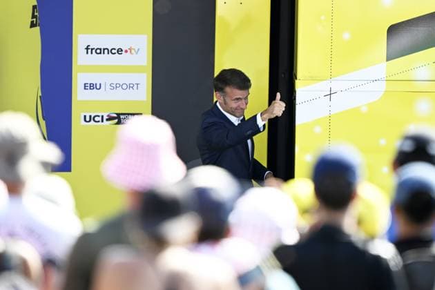 French President Emmanuel Macron pictured on the podium after stage 12 of the 2025 Tour de France cycling, from Auch to Hautacam (181 km), on Thursday 17 July 2025 in France. The 112th edition of the Tour de France starts on Saturday 5 July in Lille, France, and will finish in Paris, France on the 27th of July. JASPERxJACOBS  x129449618x
