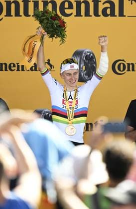 Slovenian Tadej Pogacar of UAE Team Emirates celebrates on the podium after winning stage 12 of the 2025 Tour de France cycling, from Auch to Hautacam (181 km), on Thursday 17 July 2025 in France. The 112th edition of the Tour de France starts on Saturday 5 July in Lille, France, and will finish in Paris, France on the 27th of July. JASPERxJACOBS  x129449621x