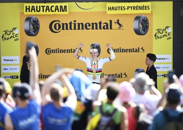 Slovenian Tadej Pogacar of UAE Team Emirates celebrates on the podium after winning stage 12 of the 2025 Tour de France cycling, from Auch to Hautacam (181 km), on Thursday 17 July 2025 in France. The 112th edition of the Tour de France starts on Saturday 5 July in Lille, France, and will finish in Paris, France on the 27th of July. JASPERxJACOBS  x129449819x