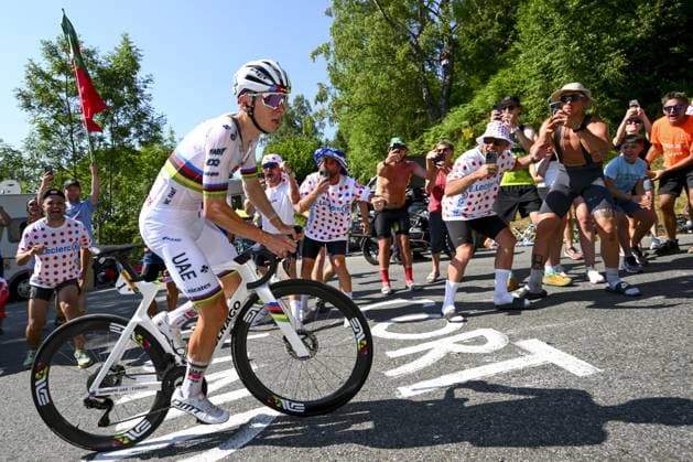 Slovenian Tadej Pogacar of UAE Team Emirates pictured in action during stage 12 of the 2025 Tour de France cycling, from Auch to Hautacam (181 km), on Thursday 17 July 2025 in France. The 112th edition of the Tour de France starts on Saturday 5 July in Lille, France, and will finish in Paris, France on the 27th of July. POOLxVINCENTxKALUT  x129453449x