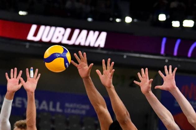 Ljubljana, Slovenia, 17th July 2024: Ball and hands during the IVNL Volleyball Nations League, Week 3 match, between Netherlands and Slovenia at Arena Stozice, Ljubljana, Slovenia. (Natasa Kupljenik SPP) Copyright: xNatasaxKupljenikx xSPPx SPP_1018232