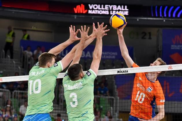 Ljubljana, Slovenia, 17th July 2024: Tom Koops of Netherlands in action during the IVNL Volleyball Nations League, Week 3 match, between Netherlands and Slovenia at Arena Stozice, Ljubljana, Slovenia. (Natasa Kupljenik SPP) Copyright: xNatasaxKupljenikx xSPPx SPP_1018237