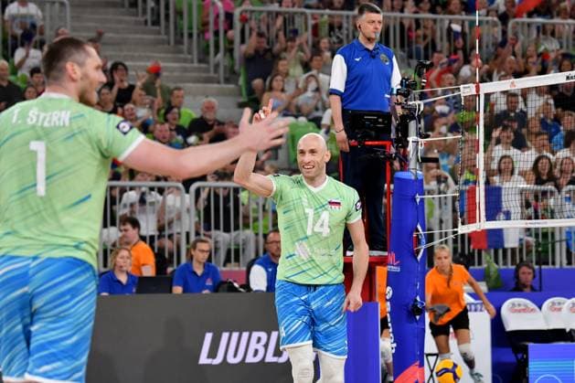 Ljubljana, Slovenia, 17th July 2024: Ziga Stern of Slovenia celebrate score during the IVNL Volleyball Nations League, Week 3 match, between Netherlands and Slovenia at Arena Stozice, Ljubljana, Slovenia. (Natasa Kupljenik SPP) Copyright: xNatasaxKupljenikx xSPPx SPP_1018250