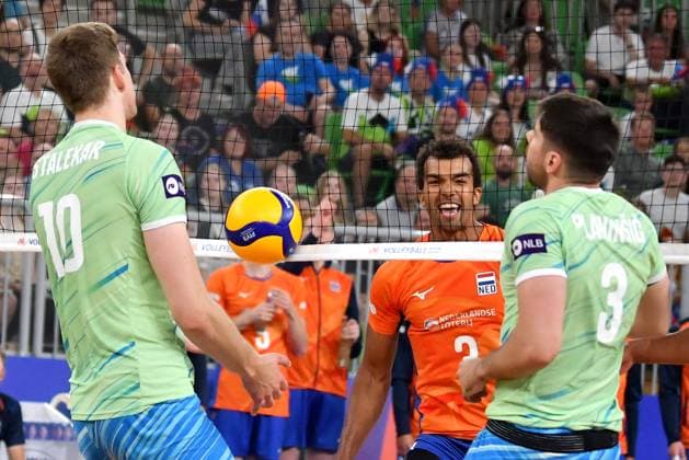 Ljubljana, Slovenia, 17th July 2024: Michiel Ahyi of Netherlands celebrate score during the IVNL Volleyball Nations League, Week 3 match, between Netherlands and Slovenia at Arena Stozice, Ljubljana, Slovenia. (Natasa Kupljenik SPP) Copyright: xNatasaxKupljenikx xSPPx SPP_1018257