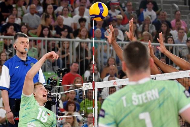 Ljubljana, Slovenia, 17th July 2024: Rok Mozic of Slovenia in action during the IVNL Volleyball Nations League, Week 3 match, between Netherlands and Slovenia at Arena Stozice, Ljubljana, Slovenia. (Natasa Kupljenik SPP) Copyright: xNatasaxKupljenikx xSPPx SPP_1018258