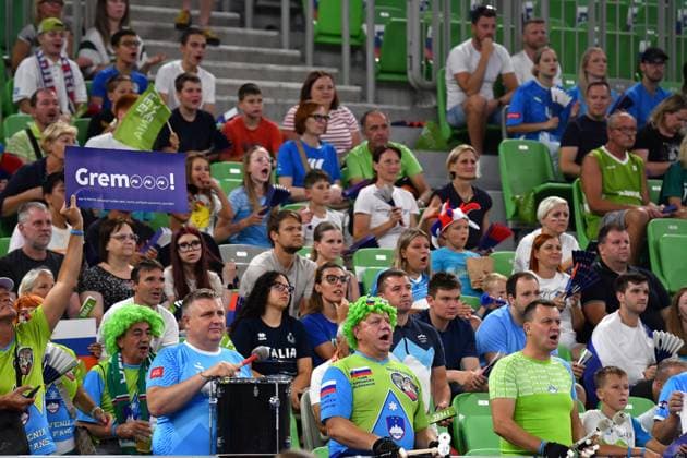Ljubljana, Slovenia, 17th July 2024: Team Slovenia fans during the IVNL Volleyball Nations League, Week 3 match, between Netherlands and Slovenia at Arena Stozice, Ljubljana, Slovenia. (Natasa Kupljenik SPP) Copyright: xNatasaxKupljenikx xSPPx SPP_1018235