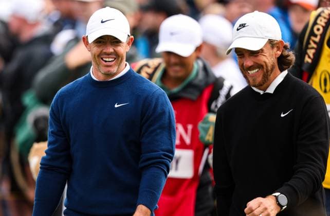 The 153rd Open Championship, Royal Portrush Golf Club, Co. Antrim 18 7 2025 Rory McIlroy and Tommy Fleetwood share a joke ahead of their round Rory McIlroy and Tommy Fleetwood share a joke ahead of their round 18 7 2025  Copyright: x INPHO BenxBradyx BB3_9181