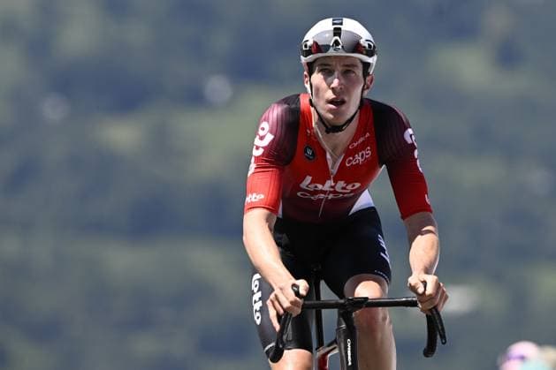 Australian Jarrad Drizners of Lotto Cycling Team pictured at the finish of stage 13 of the 2025 Tour de France cycling race, an 11km individual time trial from Loudenvielle to Peyragudes, on Friday 18 July 2025 in France. The 112th edition of the Tour de France starts on Saturday 5 July in Lille, France, and will finish in Paris, France on the 27th of July. JASPERxJACOBS  x129488590x