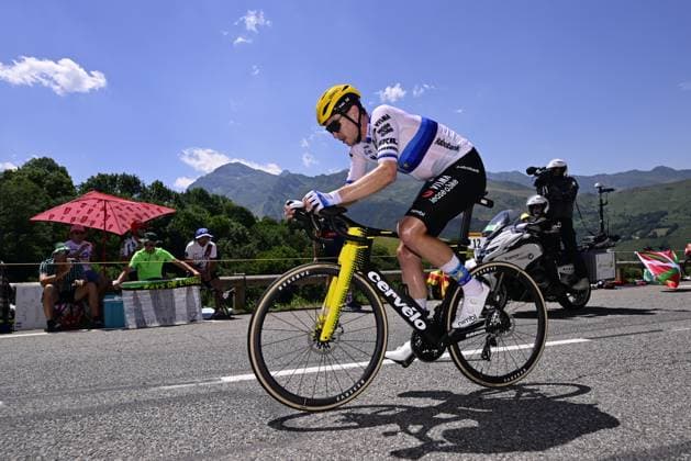 Italian Edoardo Affini of Team Visma Lease a Bike pictured in action during stage 13 of the 2025 Tour de France cycling race, an 11km individual time trial from Loudenvielle to Peyragudes, on Friday 18 July 2025 in France. The 112th edition of the Tour de France starts on Saturday 5 July in Lille, France, and will finish in Paris, France on the 27th of July. DIRKxWAEM  x129489134x