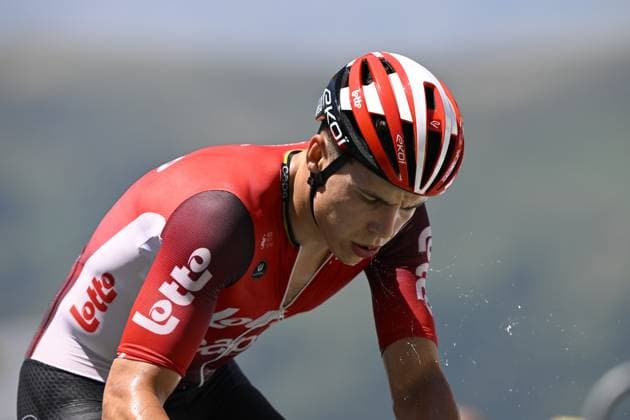 Belgian Arnaud De Lie of Lotto Cycling Team pictured at the finish of stage 13 of the 2025 Tour de France cycling race, an 11km individual time trial from Loudenvielle to Peyragudes, on Friday 18 July 2025 in France. The 112th edition of the Tour de France starts on Saturday 5 July in Lille, France, and will finish in Paris, France on the 27th of July. JASPERxJACOBS  x129489230x