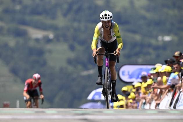 Australian Luke Plapp of Team Jayco AlUla pictured at the finish of stage 13 of the 2025 Tour de France cycling race, an 11km individual time trial from Loudenvielle to Peyragudes, on Friday 18 July 2025 in France. The 112th edition of the Tour de France starts on Saturday 5 July in Lille, France, and will finish in Paris, France on the 27th of July. JASPERxJACOBS  x129489490x