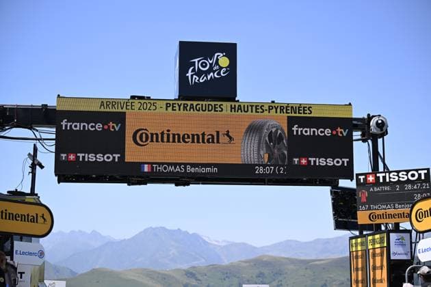 The finish of stage 13 of the 2025 Tour de France cycling race, an 11km individual time trial from Loudenvielle to Peyragudes, on Friday 18 July 2025 in France. The 112th edition of the Tour de France starts on Saturday 5 July in Lille, France, and will finish in Paris, France on the 27th of July. JASPERxJACOBS  x129489990x