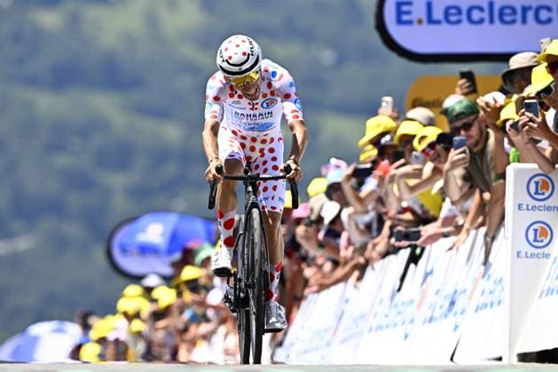 French Lenny Martinez of Bahrain Victorious wearing the red polka-dot jersey for best climber pictured at the finish of stage 13 of the 2025 Tour de France cycling race, an 11km individual time trial from Loudenvielle to Peyragudes, on Friday 18 July 2025 in France. The 112th edition of the Tour de France starts on Saturday 5 July in Lille, France, and will finish in Paris, France on the 27th of July. JASPERxJACOBS  x129490795x