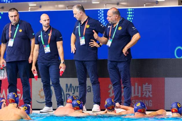 headcoach Dejan Savic of Montenegro, Filip Gardasevic of Montenegro, Dusan Matkovic of Montenegro, Miroslav Perkovic of Montenegro, Jovan Vujovic of Montenegro Canada v Montenegro, Water polo, Wasserball Singapore 2025 World Aquatics Championships, OCBC Aquatic Centre, July 18, 2025, Singapore, Singapore.