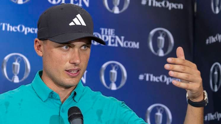 PORTRUSH, NORTHERN IRELAND 20250718 Swedens Ludvig Aberg meets the media after the second day of competition on Friday in The Open Golf at Royal Portrush Golf Club Photo Christer Höglund TT Code 40750 PORTRUSH UK x40750x  Copyright: xChristerxHöglund TTx BRITISH OPEN GOLF 2025