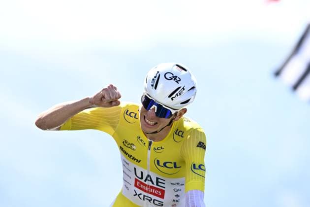 Slovenian Tadej Pogacar of UAE Team Emirates pictured at the finish of stage 13 of the 2025 Tour de France cycling race, an 11km individual time trial from Loudenvielle to Peyragudes, on Friday 18 July 2025 in France. The 112th edition of the Tour de France starts on Saturday 5 July in Lille, France, and will finish in Paris, France on the 27th of July. JASPERxJACOBS  x129499133x