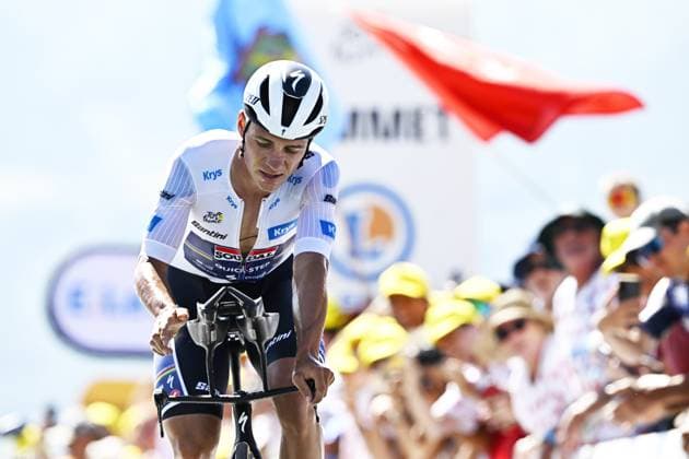 Belgian Remco Evenepoel of Soudal Quick-Step pictured at the finish of stage 13 of the 2025 Tour de France cycling race, an 11km individual time trial from Loudenvielle to Peyragudes, on Friday 18 July 2025 in France. The 112th edition of the Tour de France starts on Saturday 5 July in Lille, France, and will finish in Paris, France on the 27th of July. JASPERxJACOBS  x129499688x